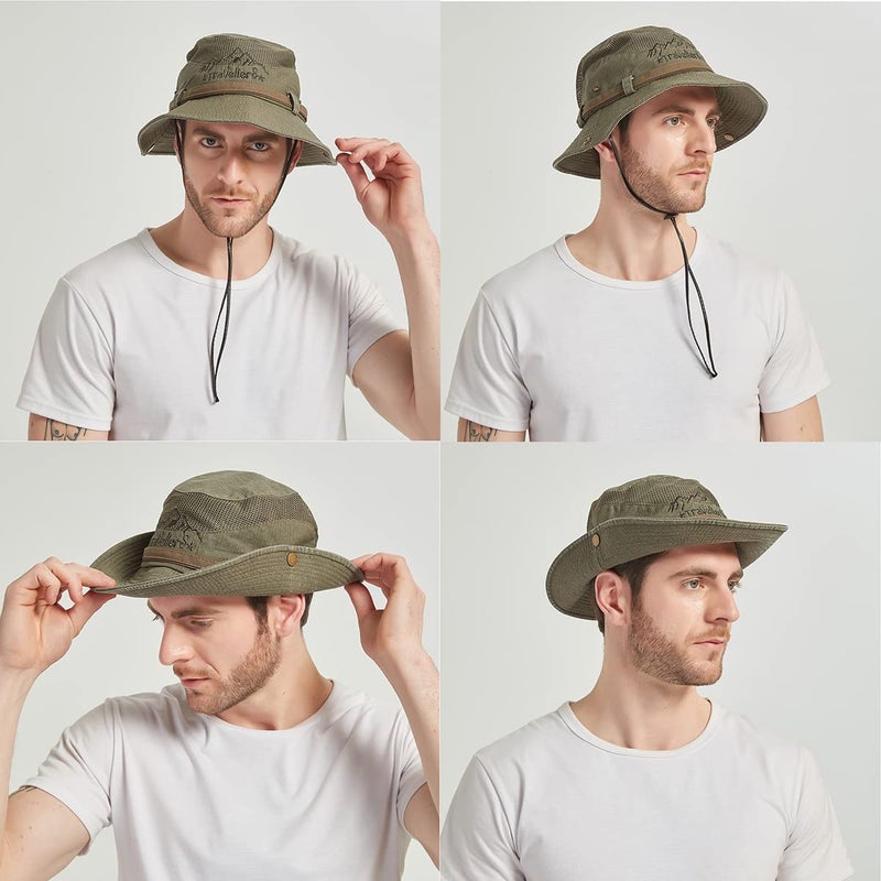 KeepSa Sun Hat for Men, Cotton Embroidery Summer Outdoor Sun Protection Wide Brim Bucket Hat Foldable Safari Boonie Hat Army Green - Image 5